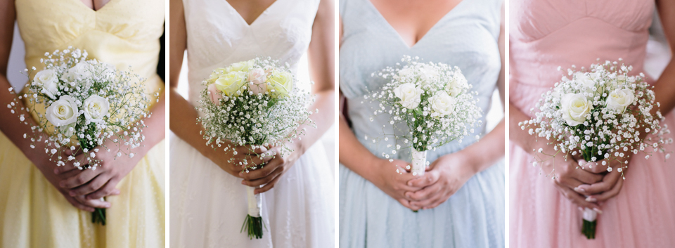 Pastel bridesmaids dresses, Gypsophilia, baby's breath flower bouquets