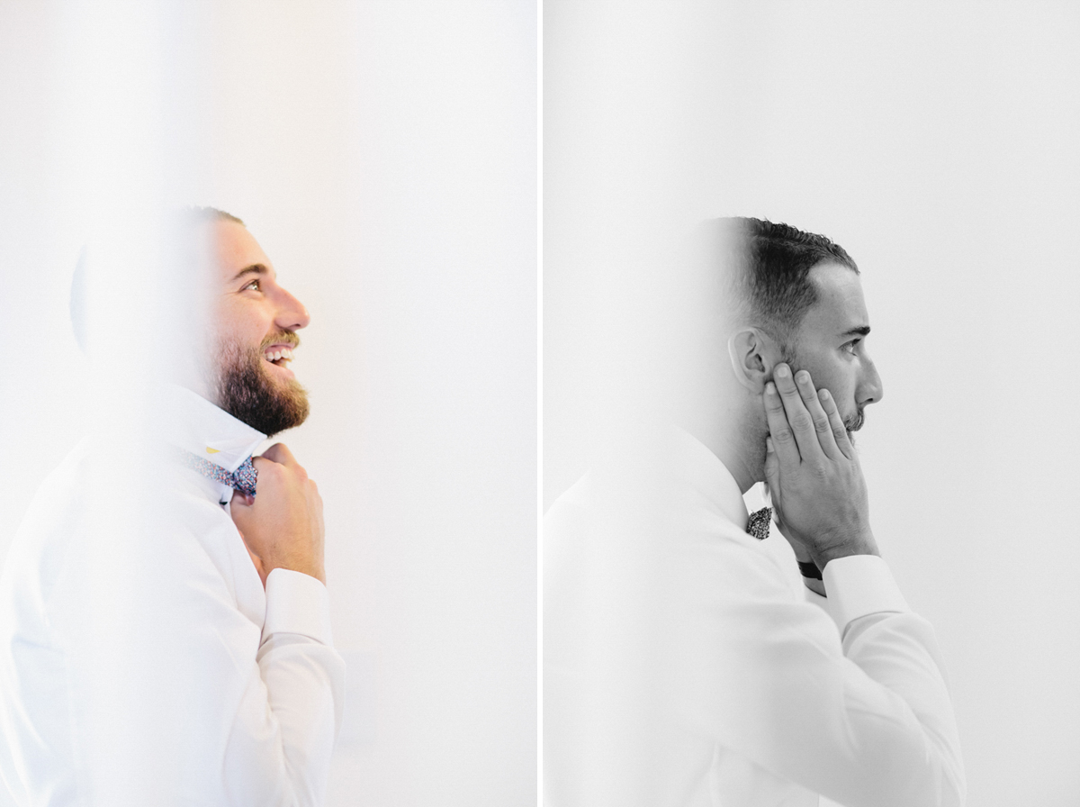 Groom and groomsmen getting dressed Martinborough Brackenridge Estate wedding black and white natural light 